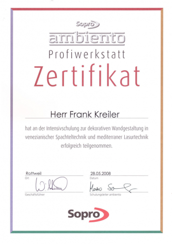 Zertifikat Frank Kreiler  - Dekorative Wandgestaltung -