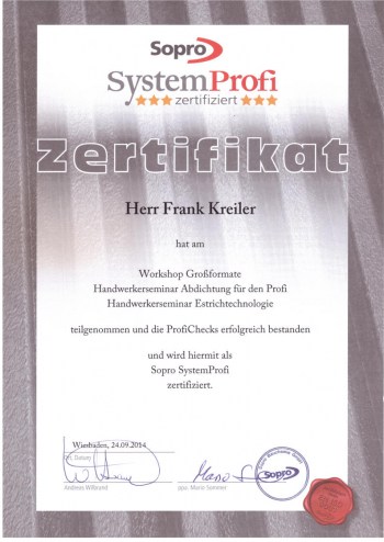 Zertifikat Frank Kreiler  - Großformat Verlegung -