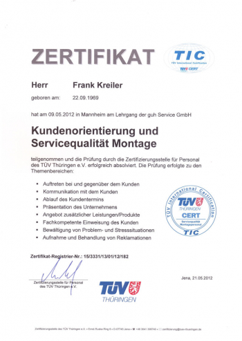Zertifikat Frank Kreiler  - Kundenorientierung -